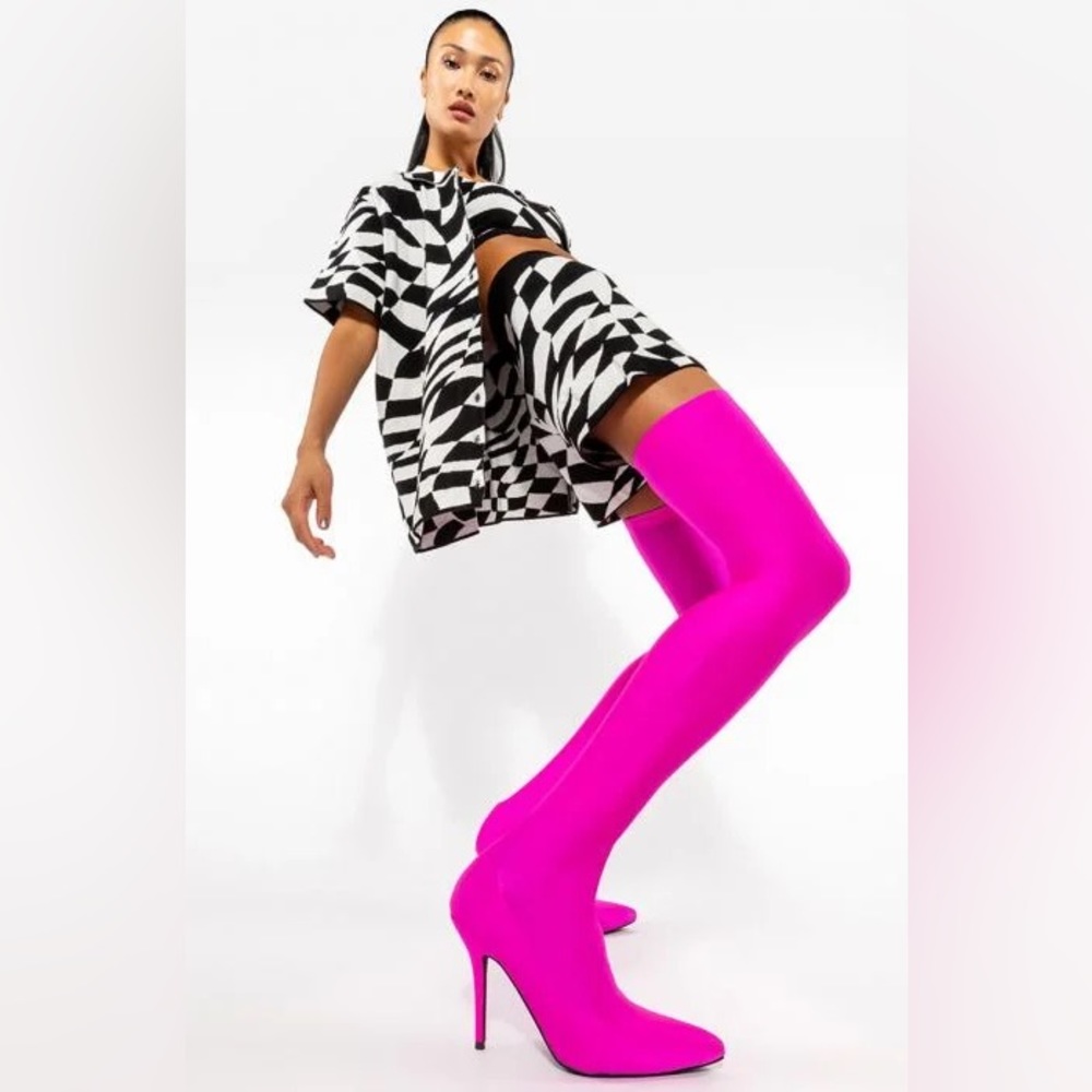 NWT BOX AZALEA WANG STAR STRETCH THIGH HIGH BALENCIAGA STILETTO BOOT FUCHSIA
